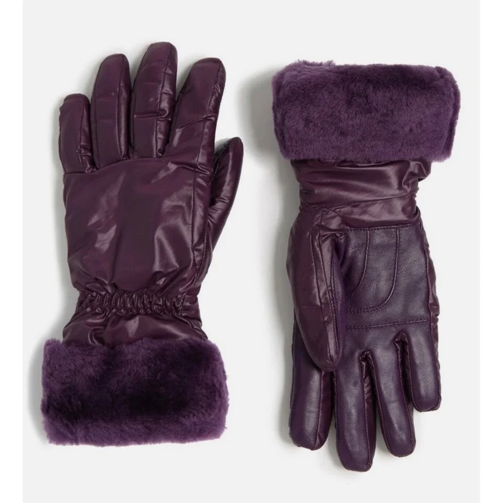 UGG Purple Leather Palm Shearling Trim Winter Gloves Womens S/M